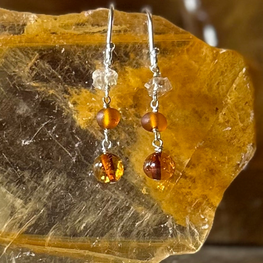 Baltic Amber and Herkimer Sterling Silver Earrings
