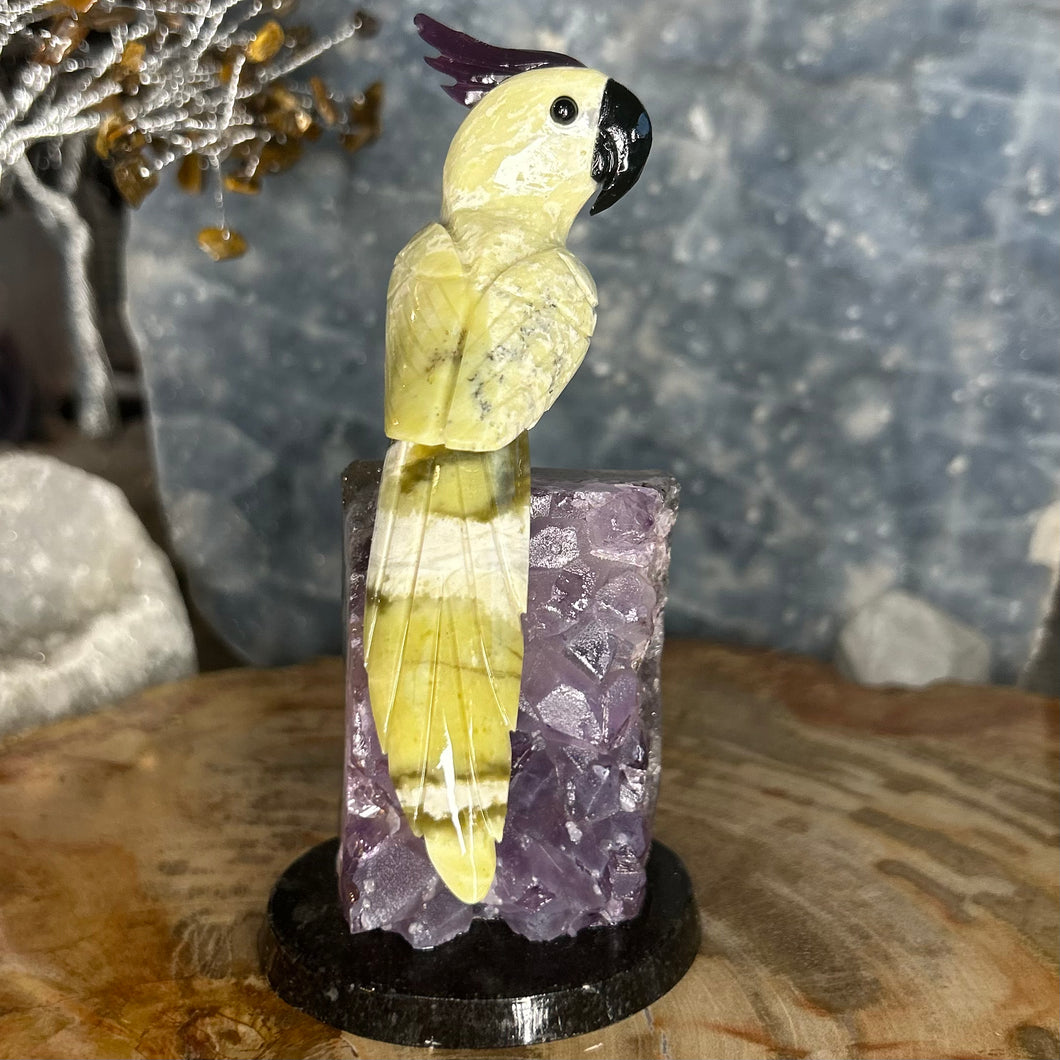 Dolomite Hand carved Cockatoo Perched on Amethyst